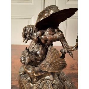 Sculpture En Bronze Représentant Deux Oiseaux, Signé J. Moigniez D’époque XIXème Siècle.