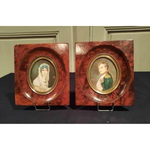 Pair Of 19th Century Miniatures Representing Napoleon I And Joséphine De Beauharnai