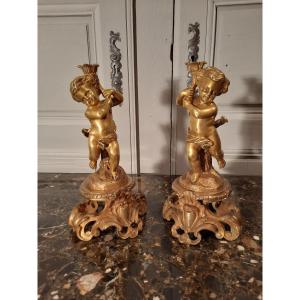 Pair Of Cherubs In Bronze Louis XV Style From The XIXth Century.