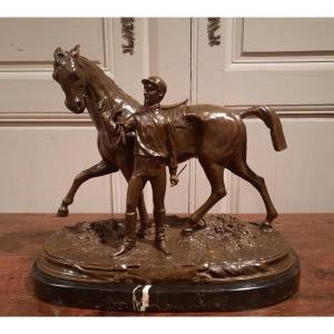Bronze Representing A Jockey And His Horse Signed Pj Mène 1866, Vintage 20th Century.