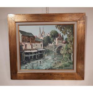 Painting Representing A View Of Chartres And Its Cathedral, Signed Etève 20th Century.