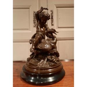 19th Century Regulates Sculpture Representing A Putti Riding A Swan.