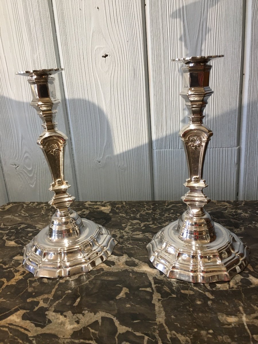 Paire De Bougeoirs Métal Argenté Epoque Regence 