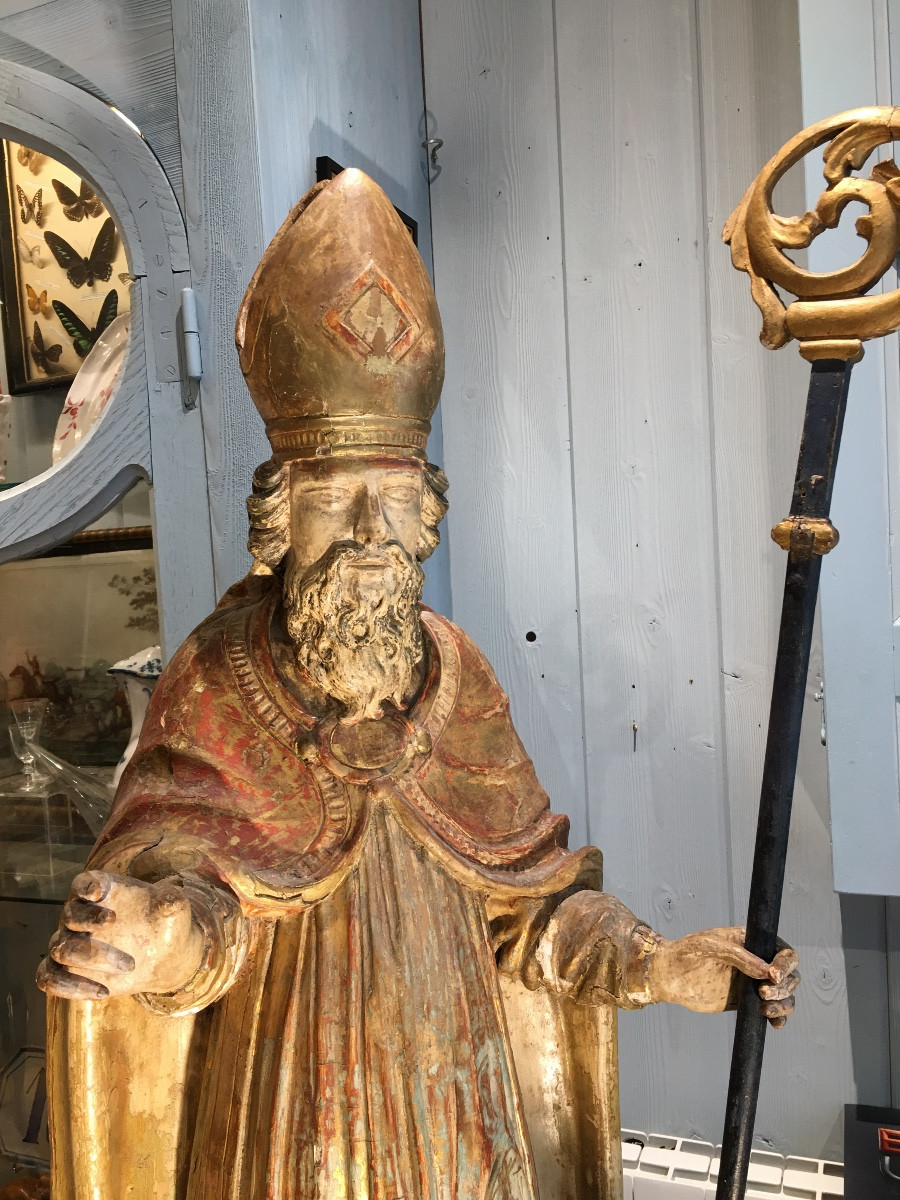 Gilded Wood Sculpture Of Bishop St. Nicholas, Late 17th Century-photo-4