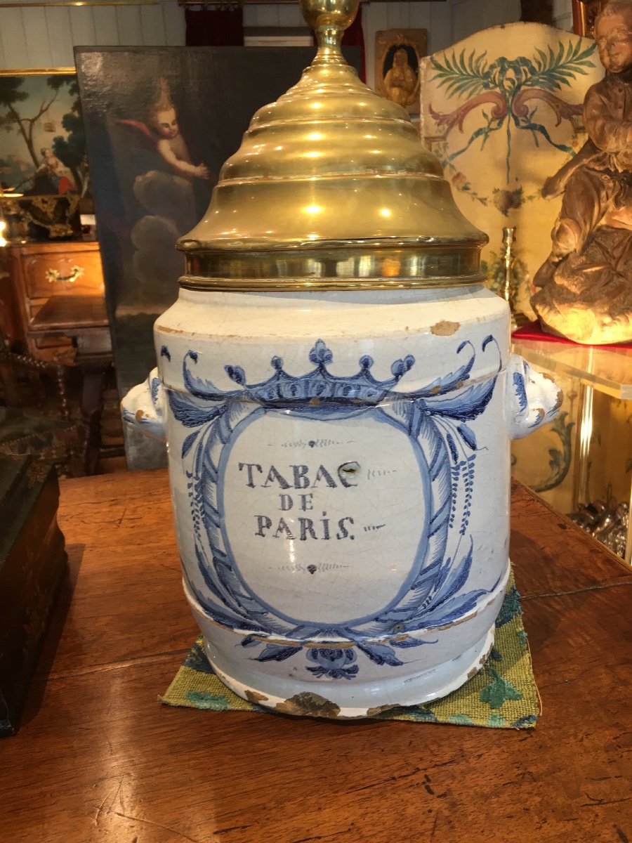 Pot à tabac faïence décor bleu fin 18 eme