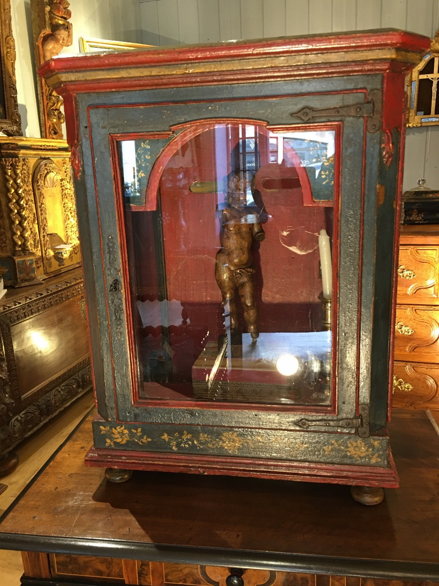 Vitrine de monstrance bois sculpté polychrome 18eme