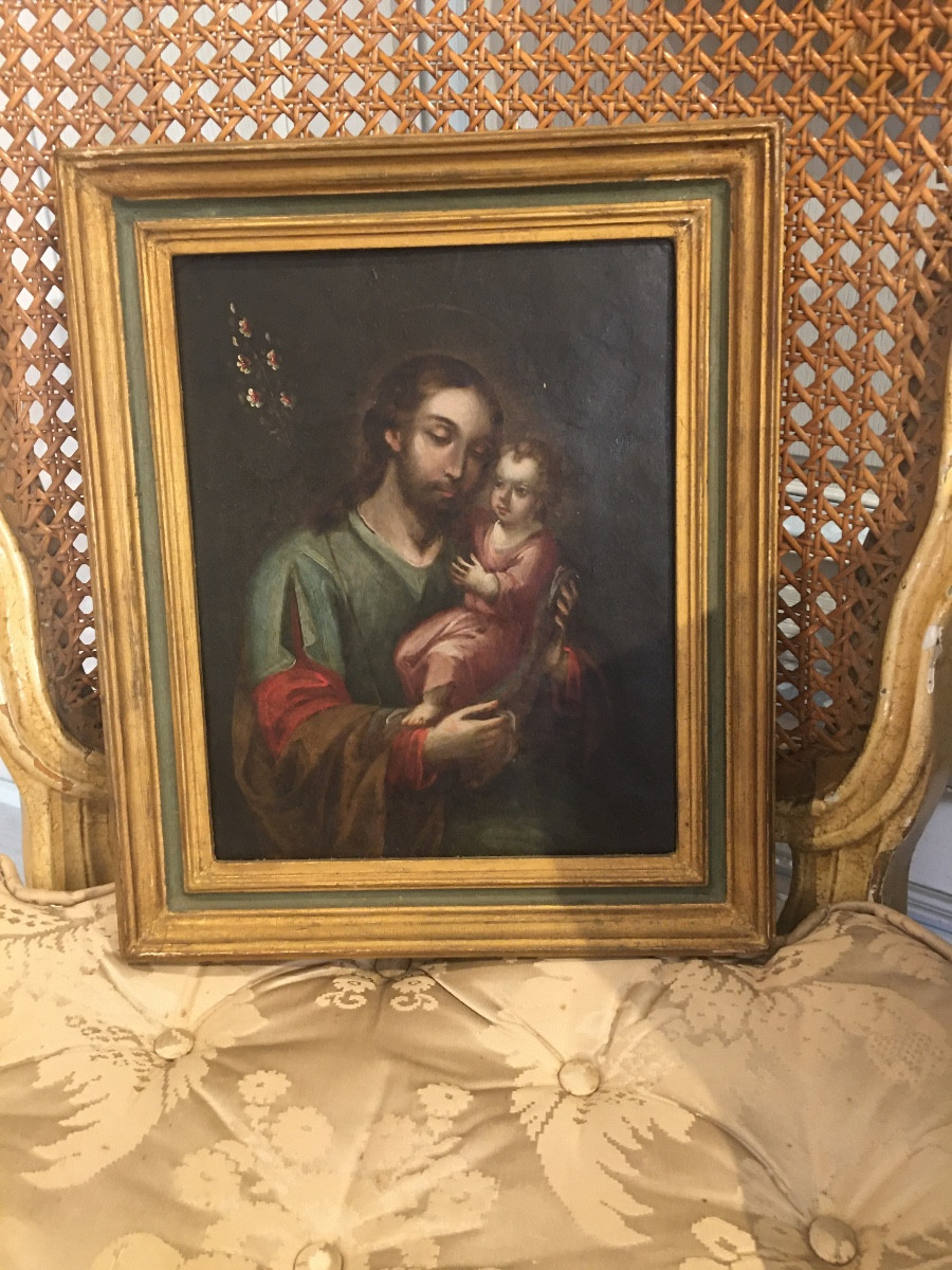 Huile-sur-cuivre St-Joseph et le Christ bébé 18eme-photo-2