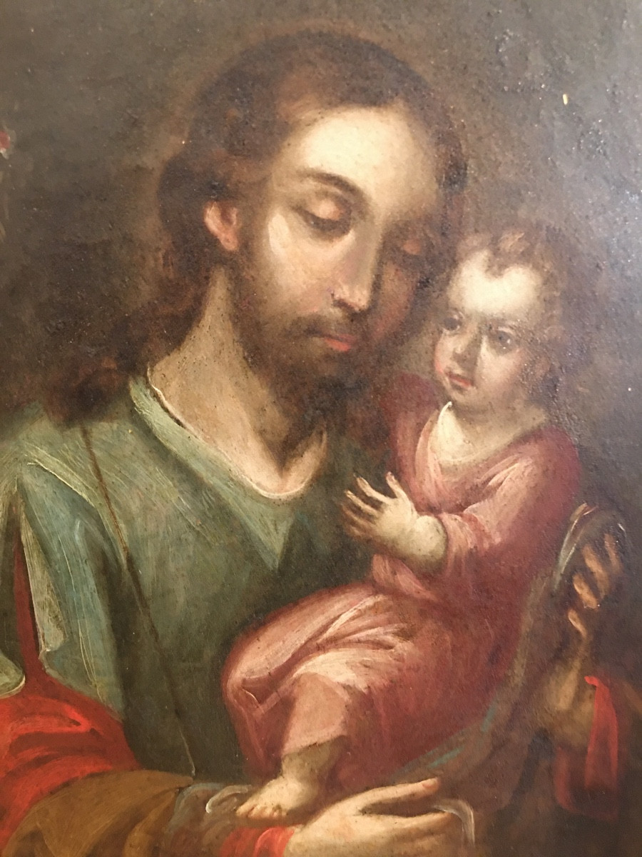Huile-sur-cuivre St-Joseph et le Christ bébé 18eme-photo-4