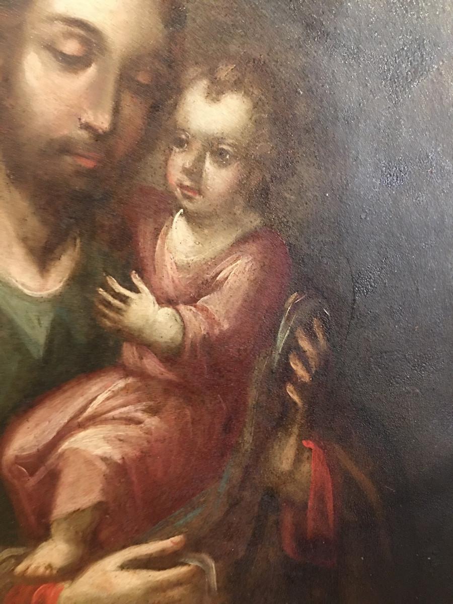 Huile-sur-cuivre St-Joseph et le Christ bébé 18eme-photo-1