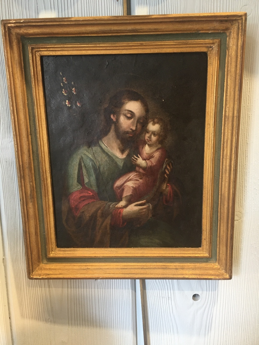 Huile-sur-cuivre St-Joseph et le Christ bébé 18eme