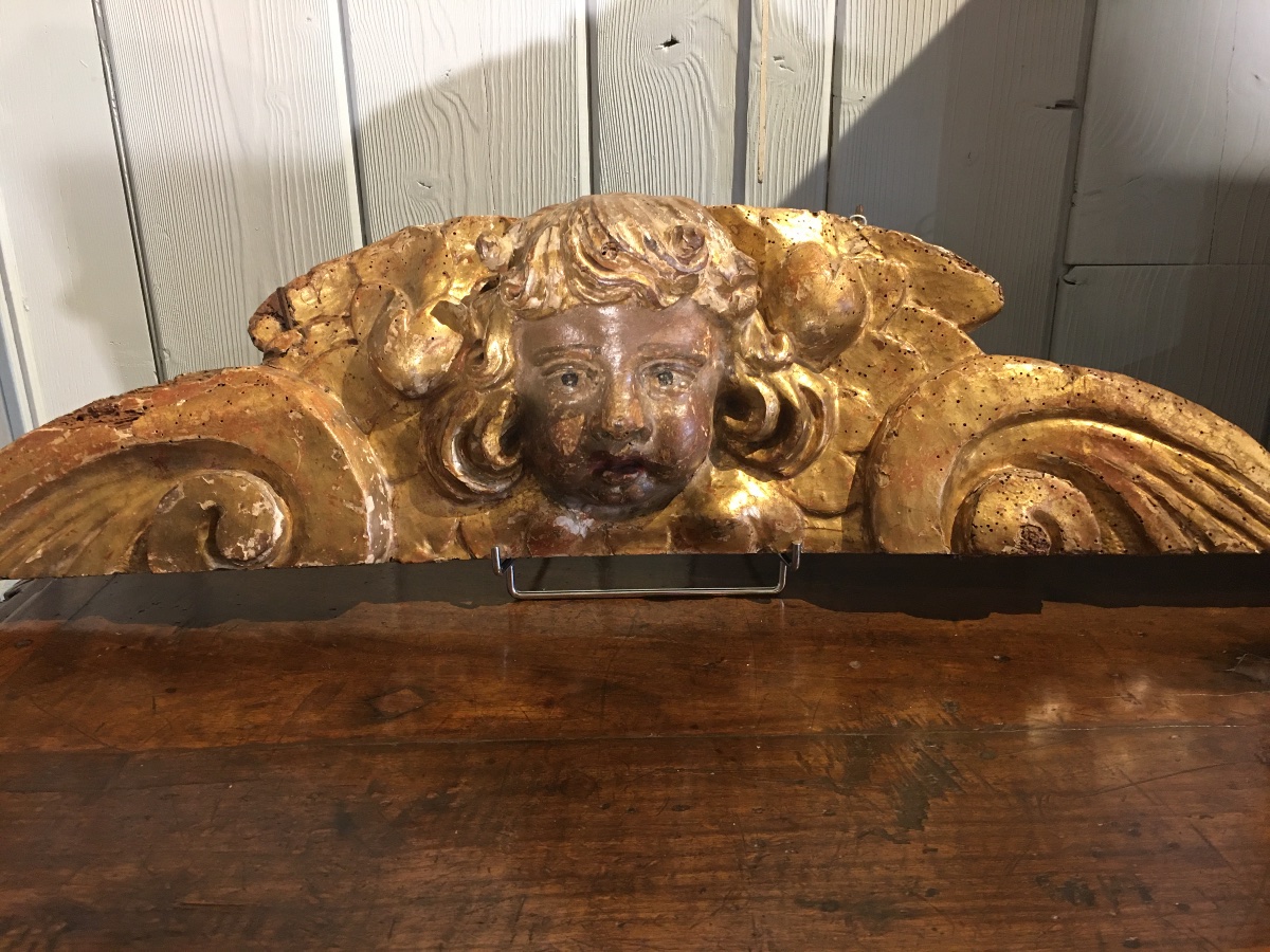 Élément retable bois sculpté doré ange 17 eme