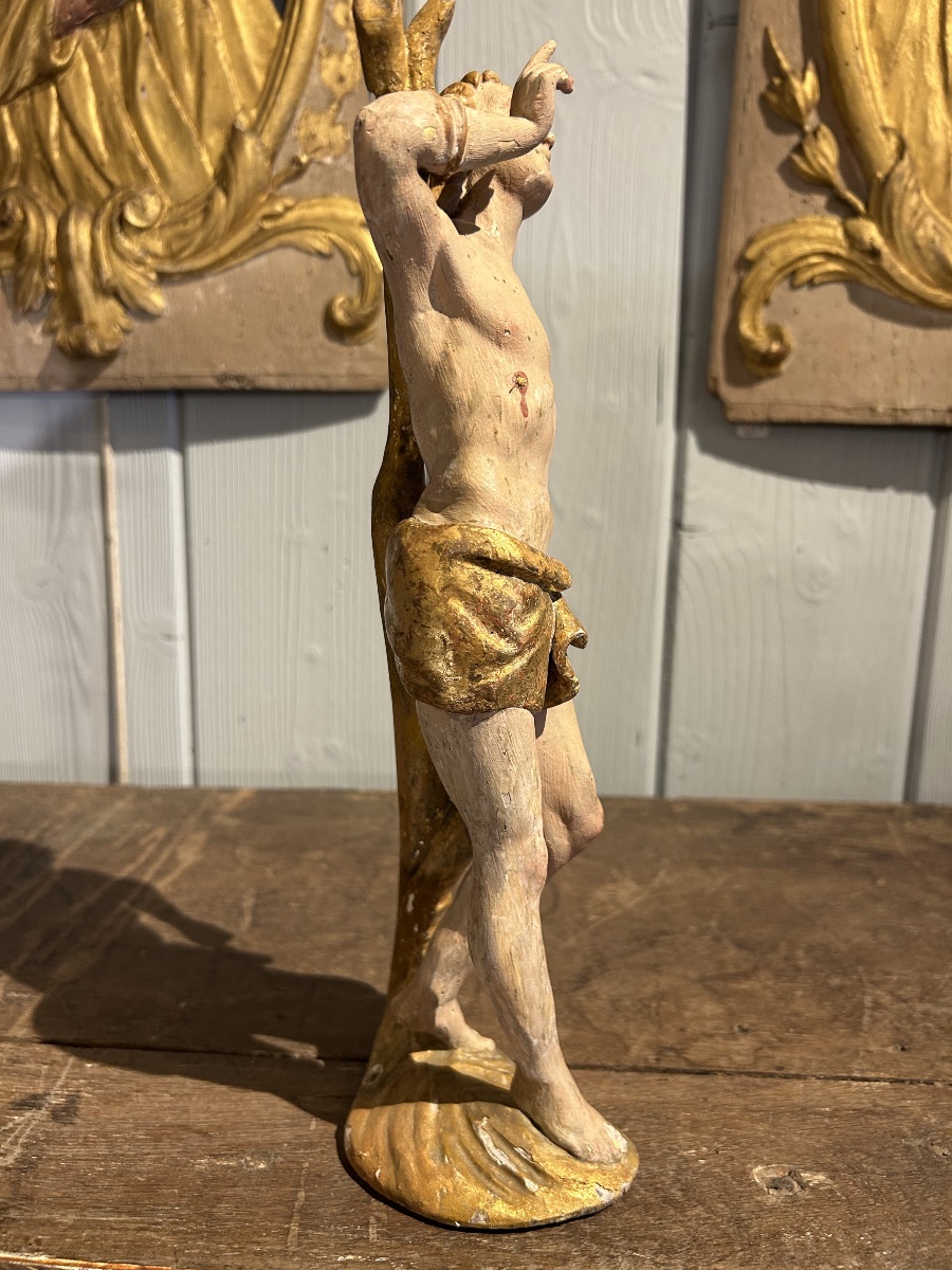 St. Sebastian, Painted And Gilded Wood, 18th Century-photo-2