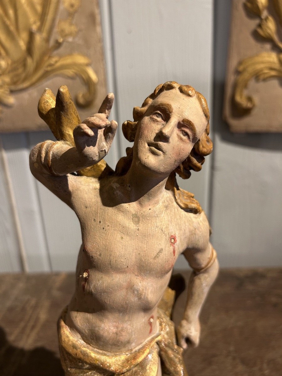 St. Sebastian, Painted And Gilded Wood, 18th Century-photo-3