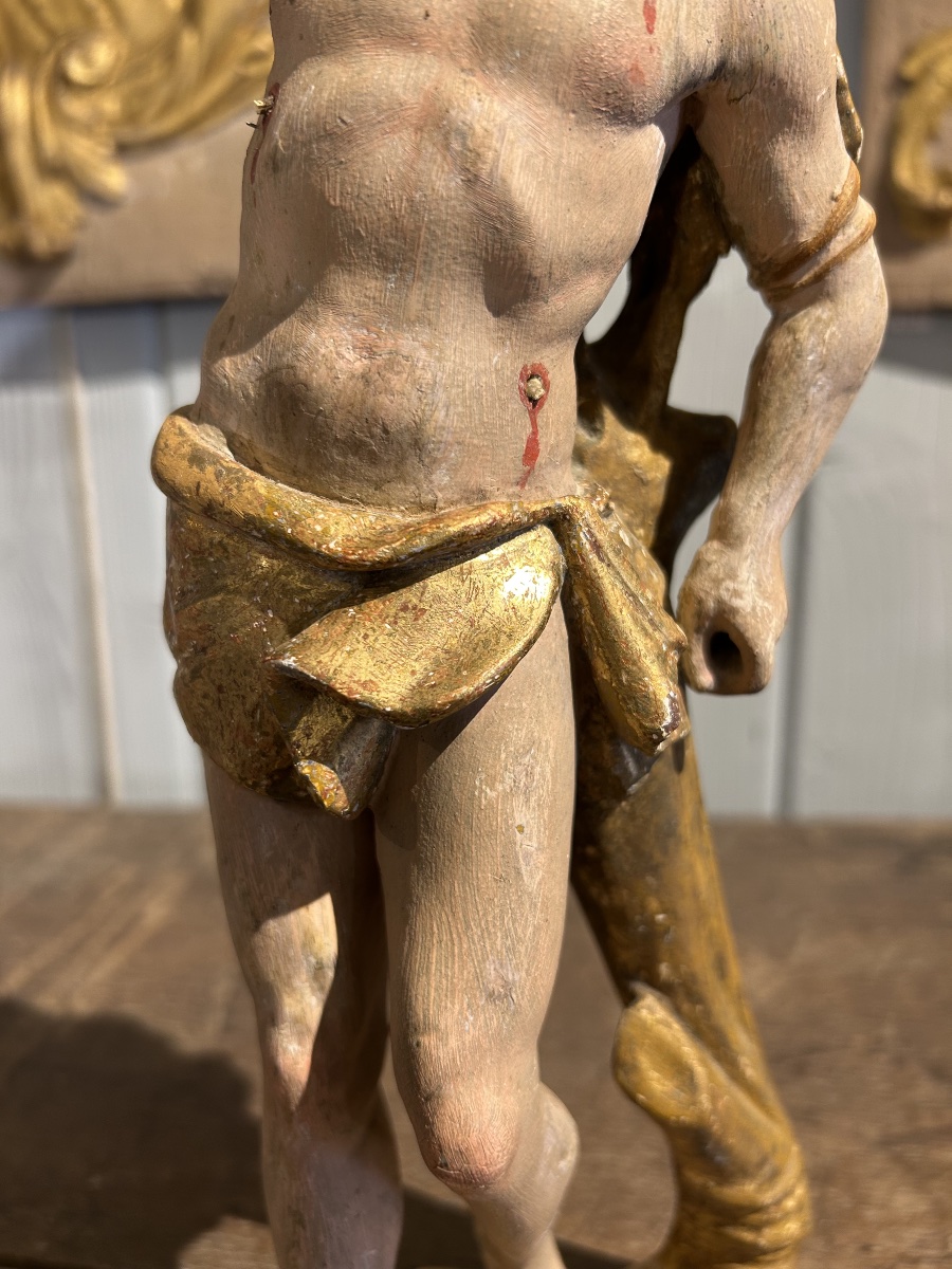 St. Sebastian, Painted And Gilded Wood, 18th Century-photo-1