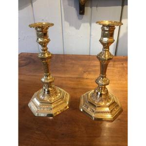 Pair Of Candlesticks L.xiv Gilt Bronze XVIII Eme