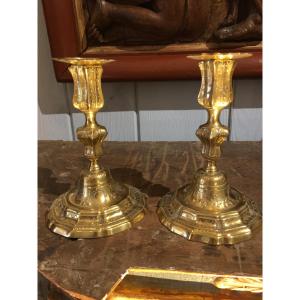 Paire de bougeoirs de toilette bronze doré 18 eme