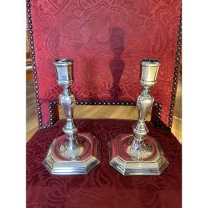 Paire de bougeoirs bronze argenté XVIIeme