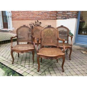 Suite Of 4 Canned Armchairs L.xv Walnut 18 Eme