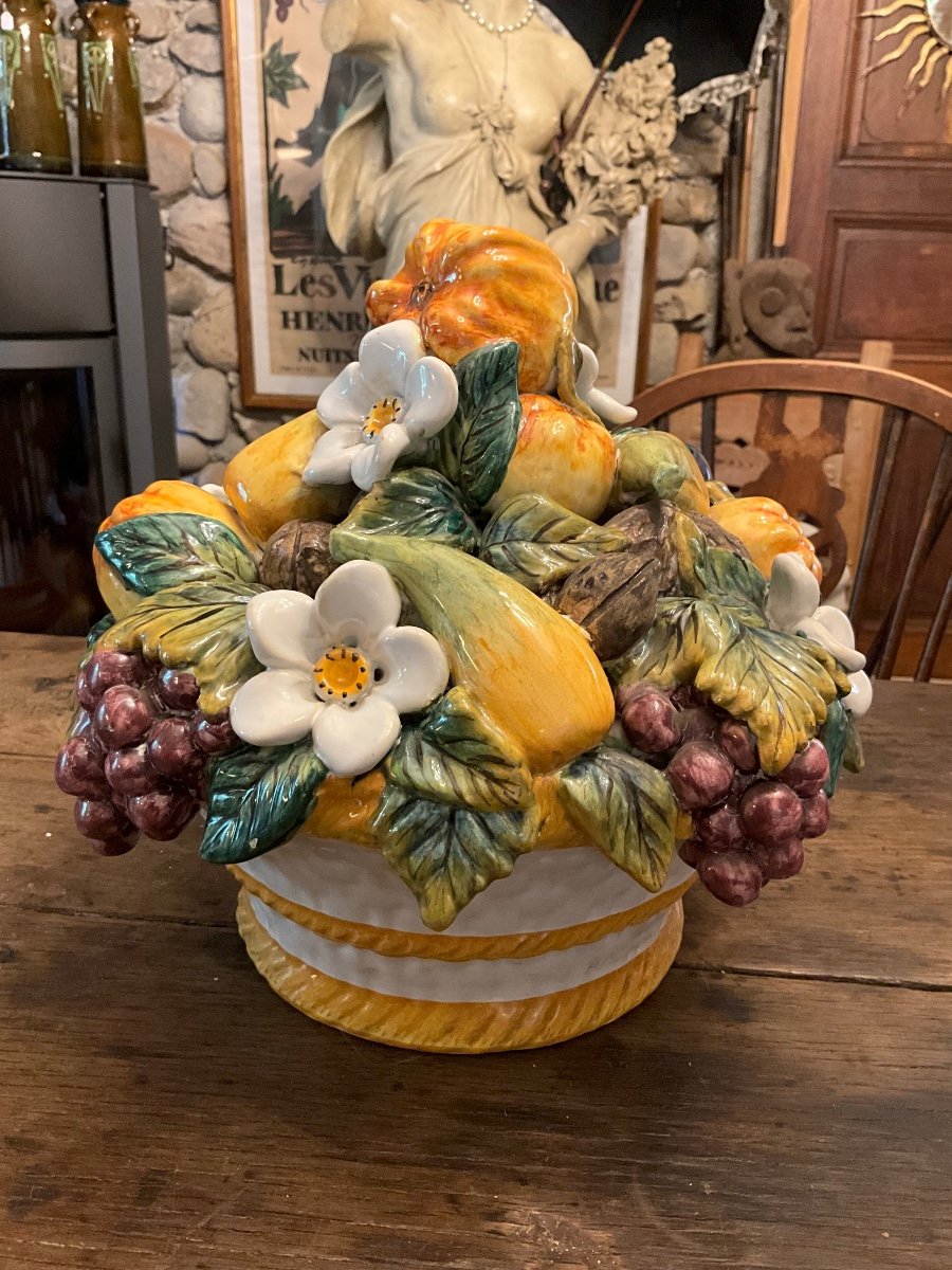 Emile Tessier , Malicorne , Centre De Table , Corbeille De Fruits , Barbotine Polychrome-photo-2