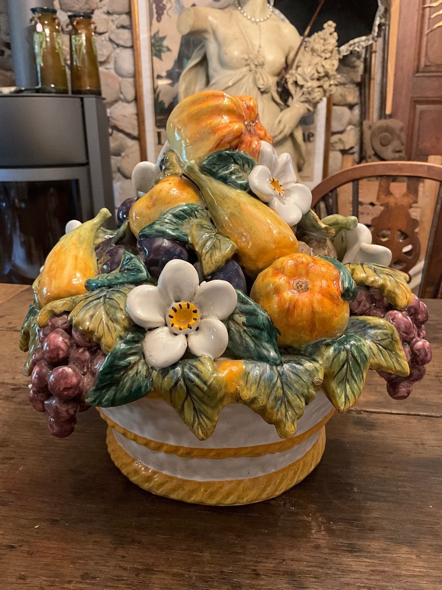 Emile Tessier , Malicorne , Centre De Table , Corbeille De Fruits , Barbotine Polychrome-photo-4
