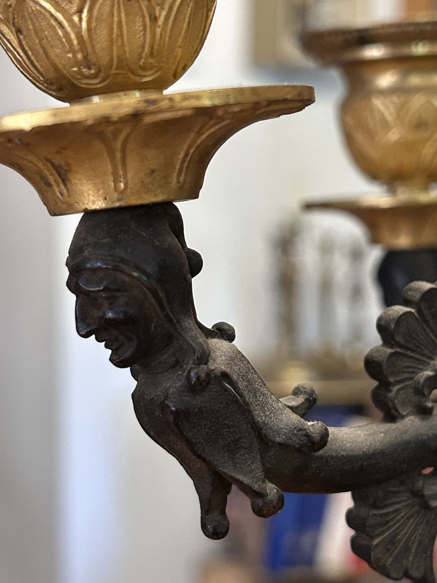 Pair Of Three-arm Candelabras In Double-patina Bronze, Empire Or Restoration-photo-3