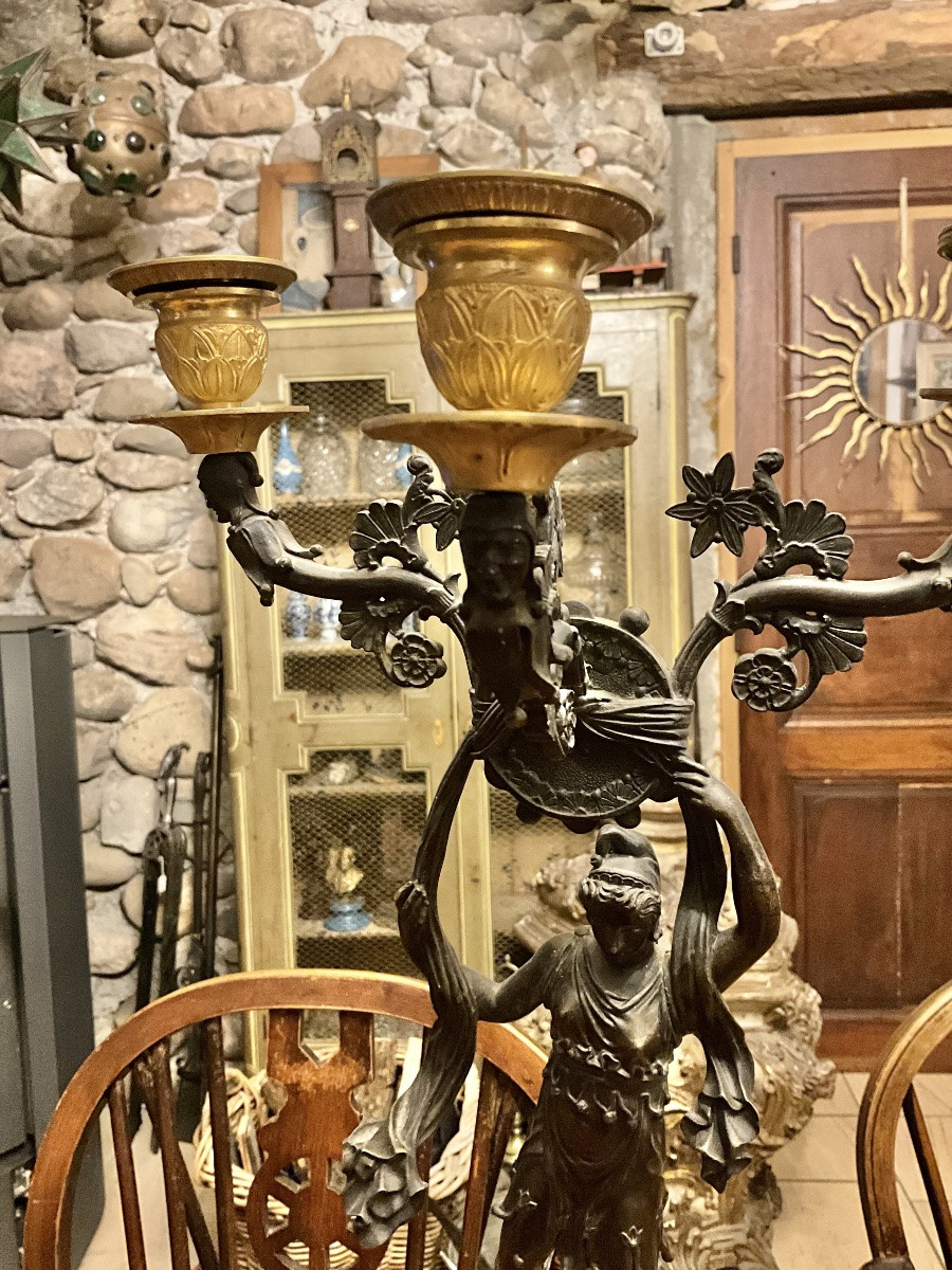 Pair Of Three-arm Candelabras In Double-patina Bronze, Empire Or Restoration-photo-4