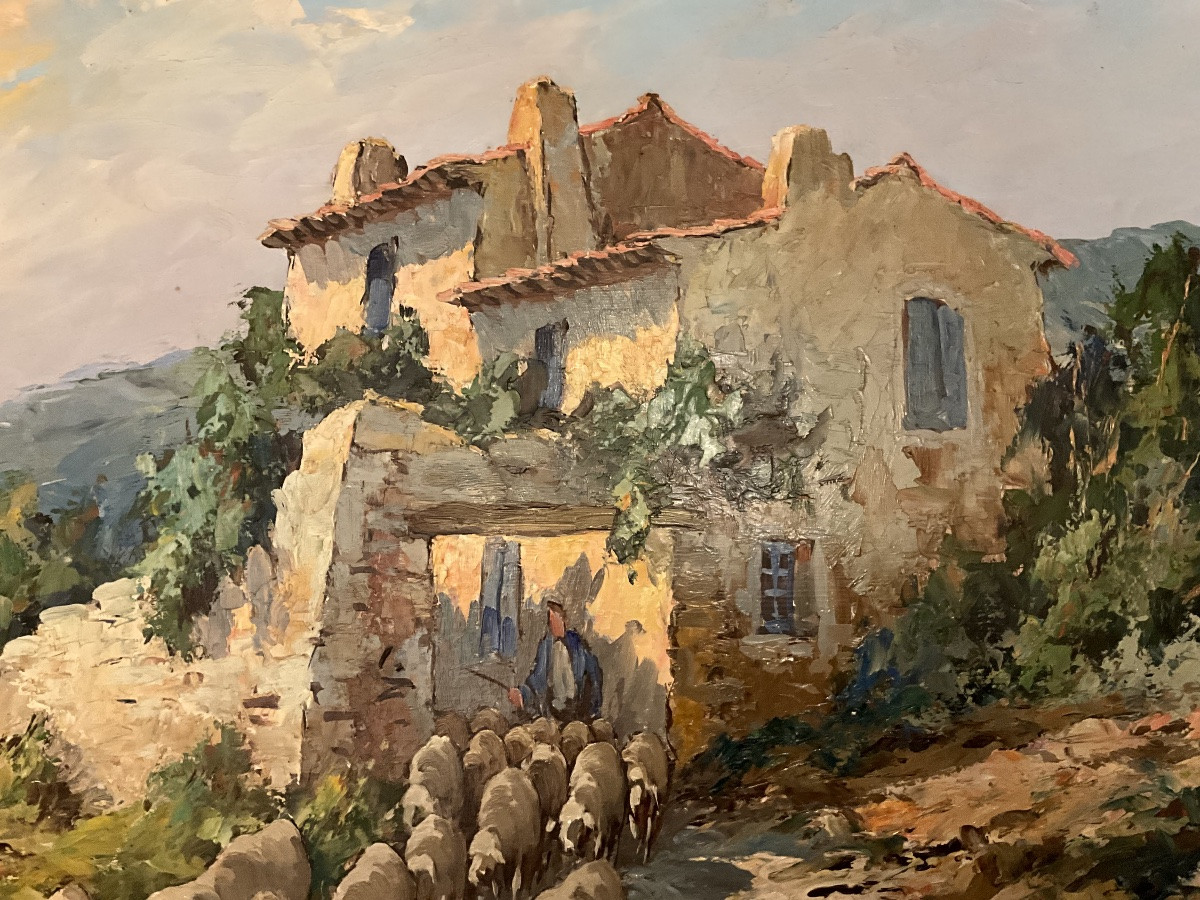 Fortuné Car (1905 - 1970) Oil On Hardboard, Shepherd And His Sheep In Provence-photo-2