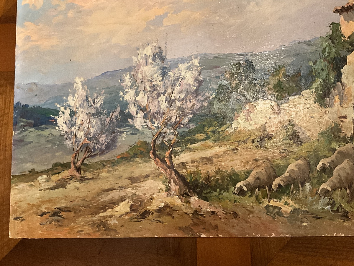 Fortuné Car (1905 - 1970) Oil On Hardboard, Shepherd And His Sheep In Provence-photo-3