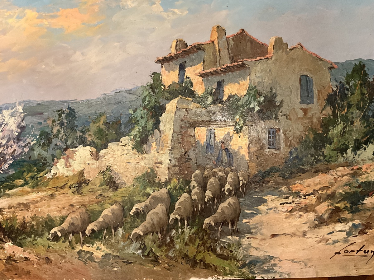 Fortuné Car (1905 - 1970) Oil On Hardboard, Shepherd And His Sheep In Provence-photo-4