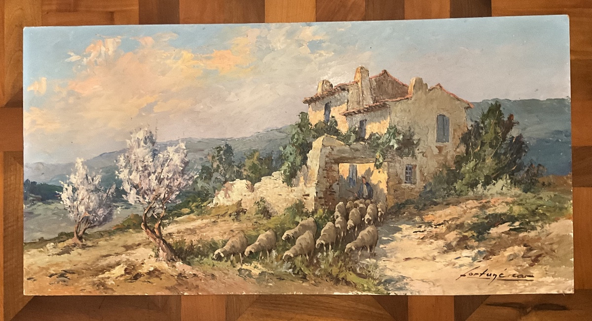 Fortuné Car (1905 - 1970) Oil On Hardboard, Shepherd And His Sheep In Provence