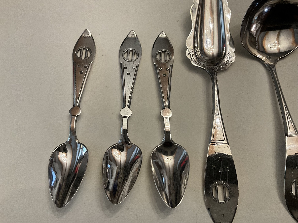 6 Mocha Spoons + Sugar Spoon + Small Cream Or Jam Ladle, Dutch Silver-photo-2