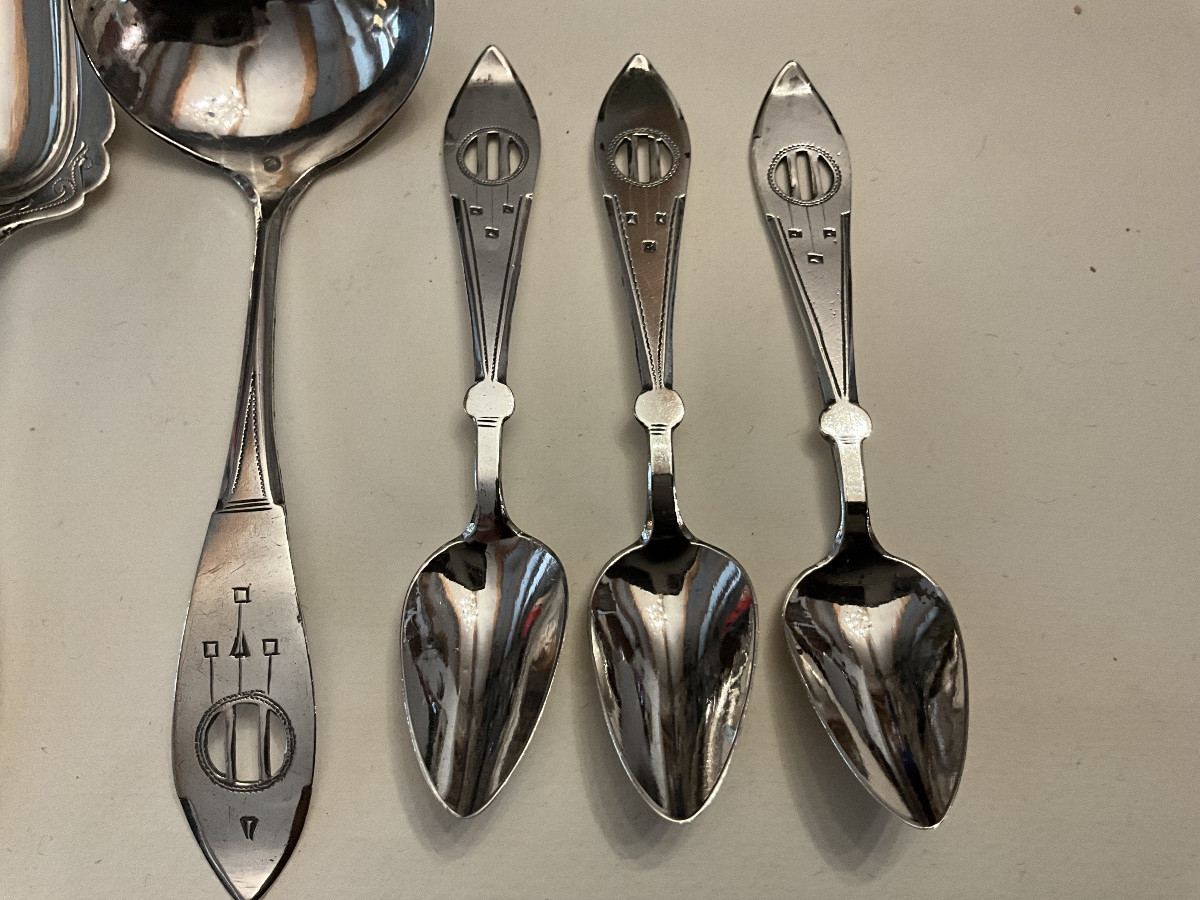 6 Mocha Spoons + Sugar Spoon + Small Cream Or Jam Ladle, Dutch Silver-photo-3