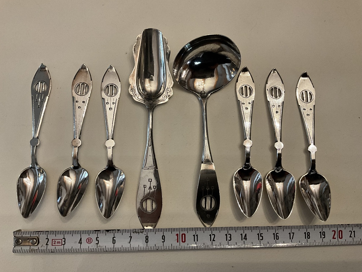 6 Mocha Spoons + Sugar Spoon + Small Cream Or Jam Ladle, Dutch Silver-photo-1