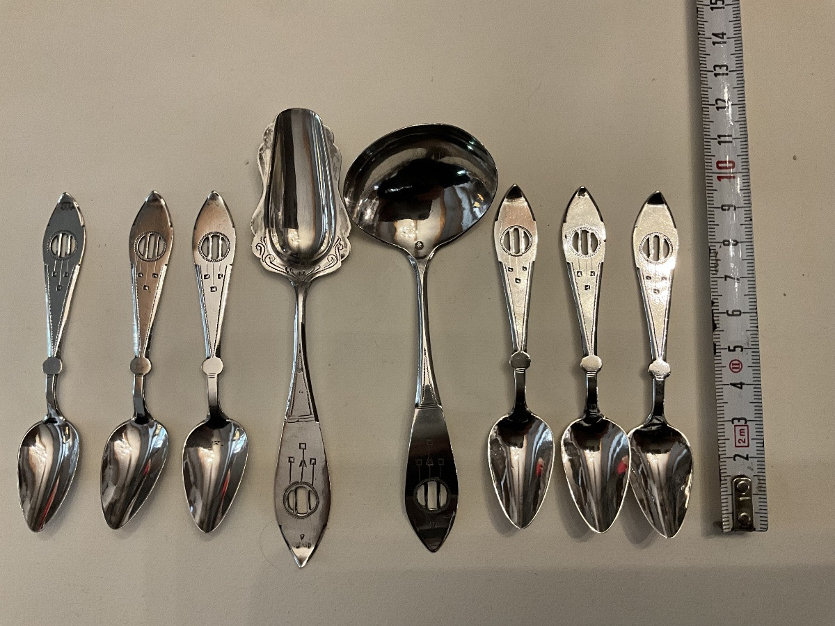 6 Mocha Spoons + Sugar Spoon + Small Cream Or Jam Ladle, Dutch Silver-photo-2