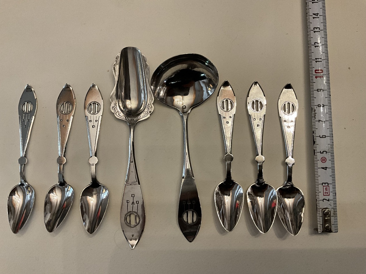6 Mocha Spoons + Sugar Spoon + Small Cream Or Jam Ladle, Dutch Silver-photo-3