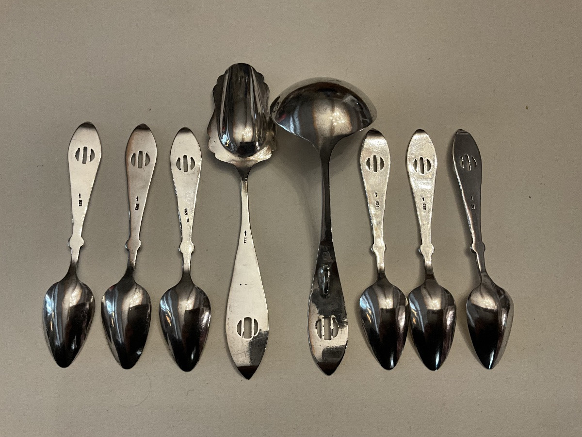 6 Mocha Spoons + Sugar Spoon + Small Cream Or Jam Ladle, Dutch Silver-photo-4