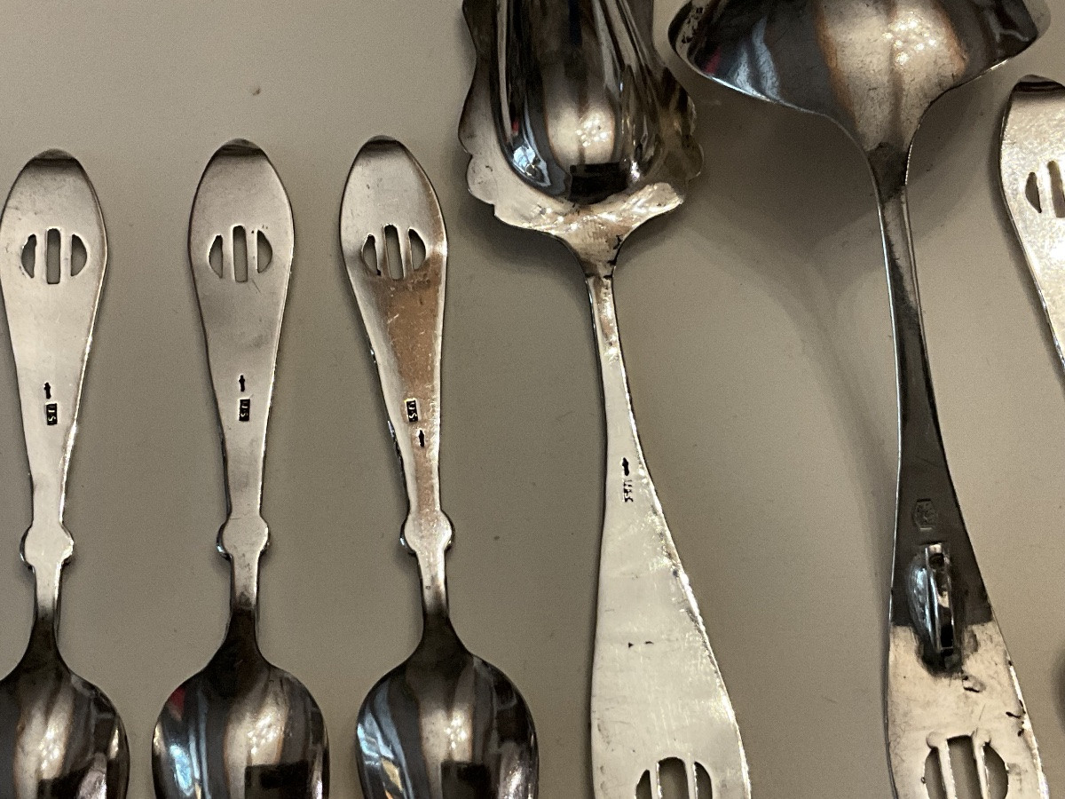 6 Mocha Spoons + Sugar Spoon + Small Cream Or Jam Ladle, Dutch Silver-photo-5