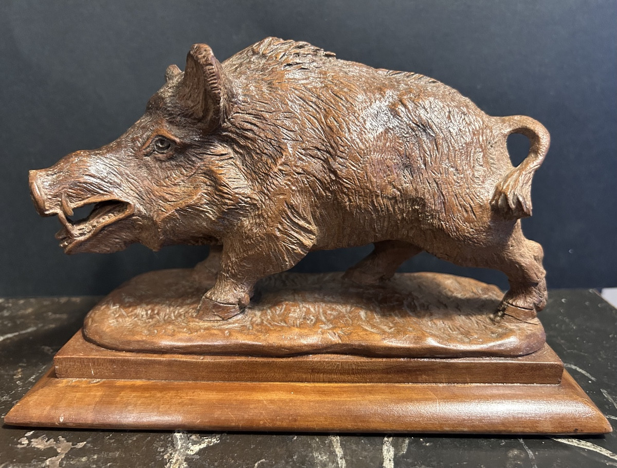 Wooden Sculpture Of A Wild Boar. Brienz Or Black Forest. Late 19th Century.