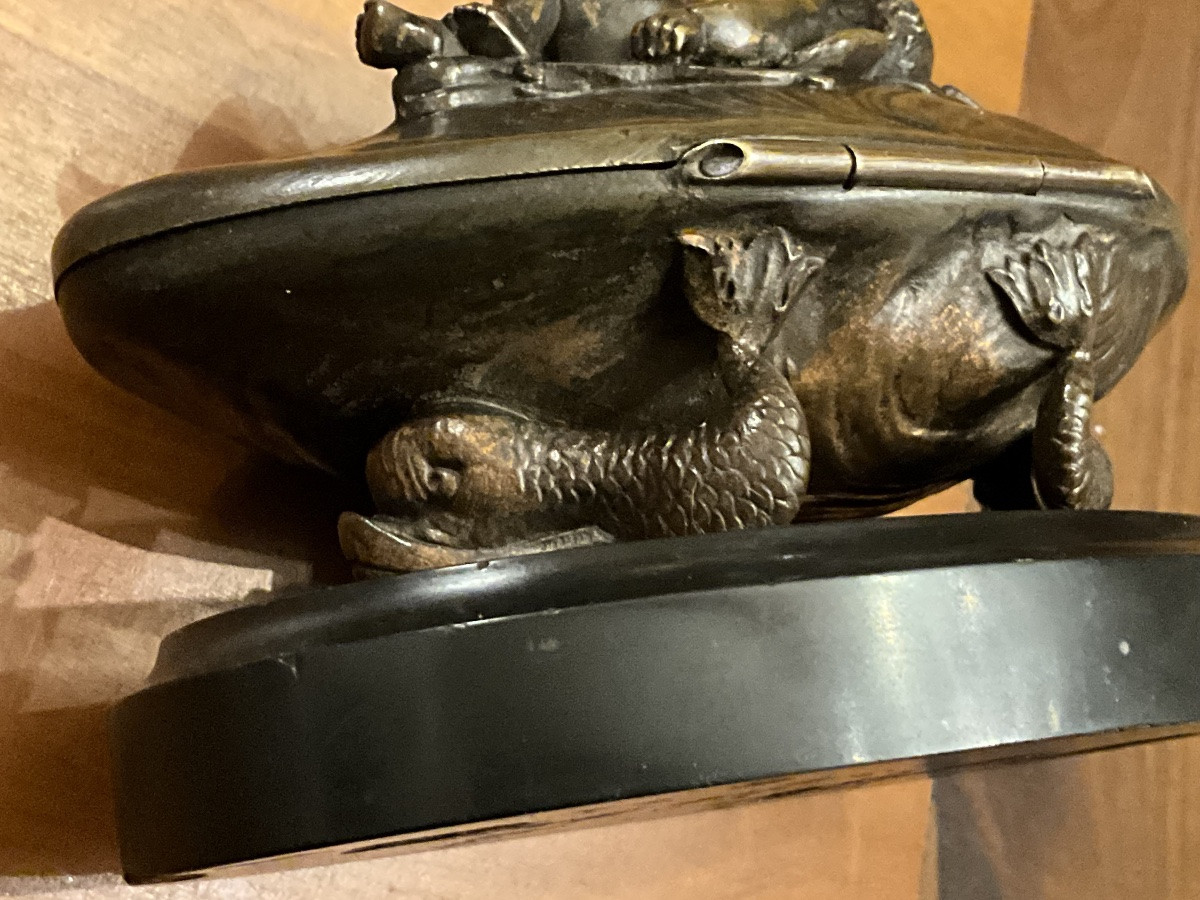 Sleeping Cupid, Trinket Tray, Bronze On A Black Marble Base. Napoleon III Period-photo-5