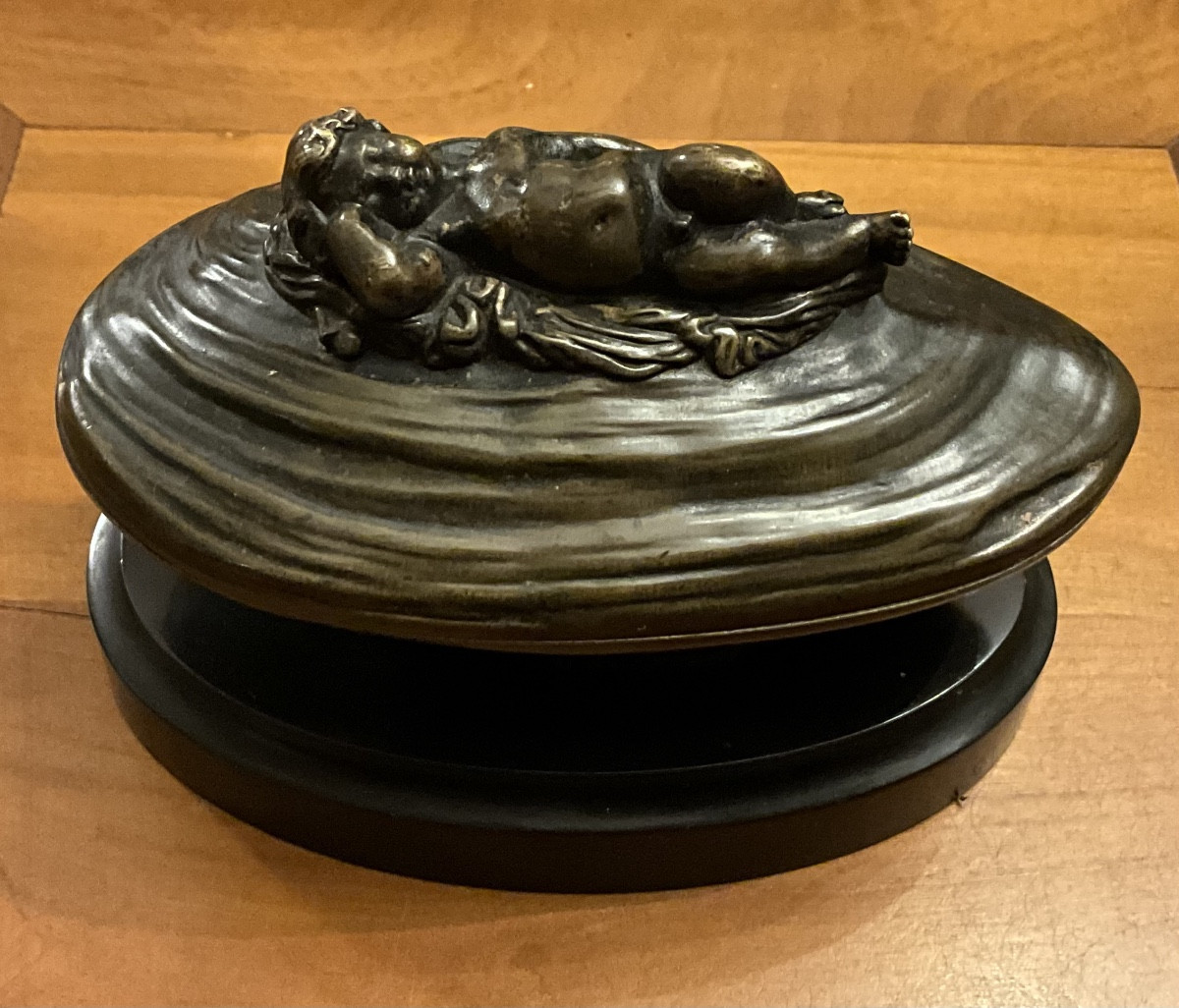 Sleeping Cupid, Trinket Tray, Bronze On A Black Marble Base. Napoleon III Period