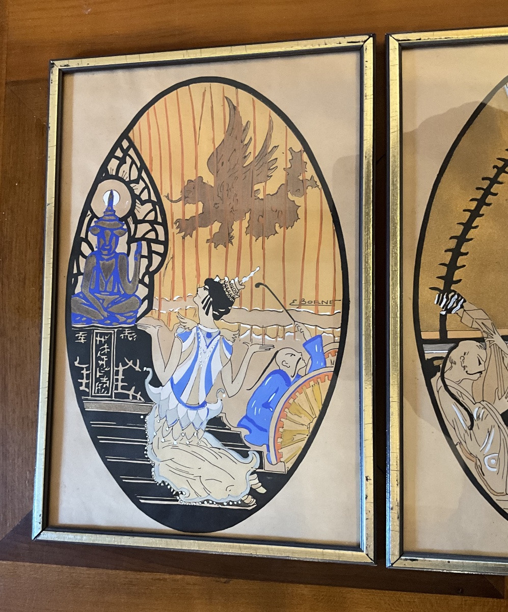E. Borne, Series Of 4 Art Deco Period Stencils, Oriental Scenes (china, Japan)-photo-2