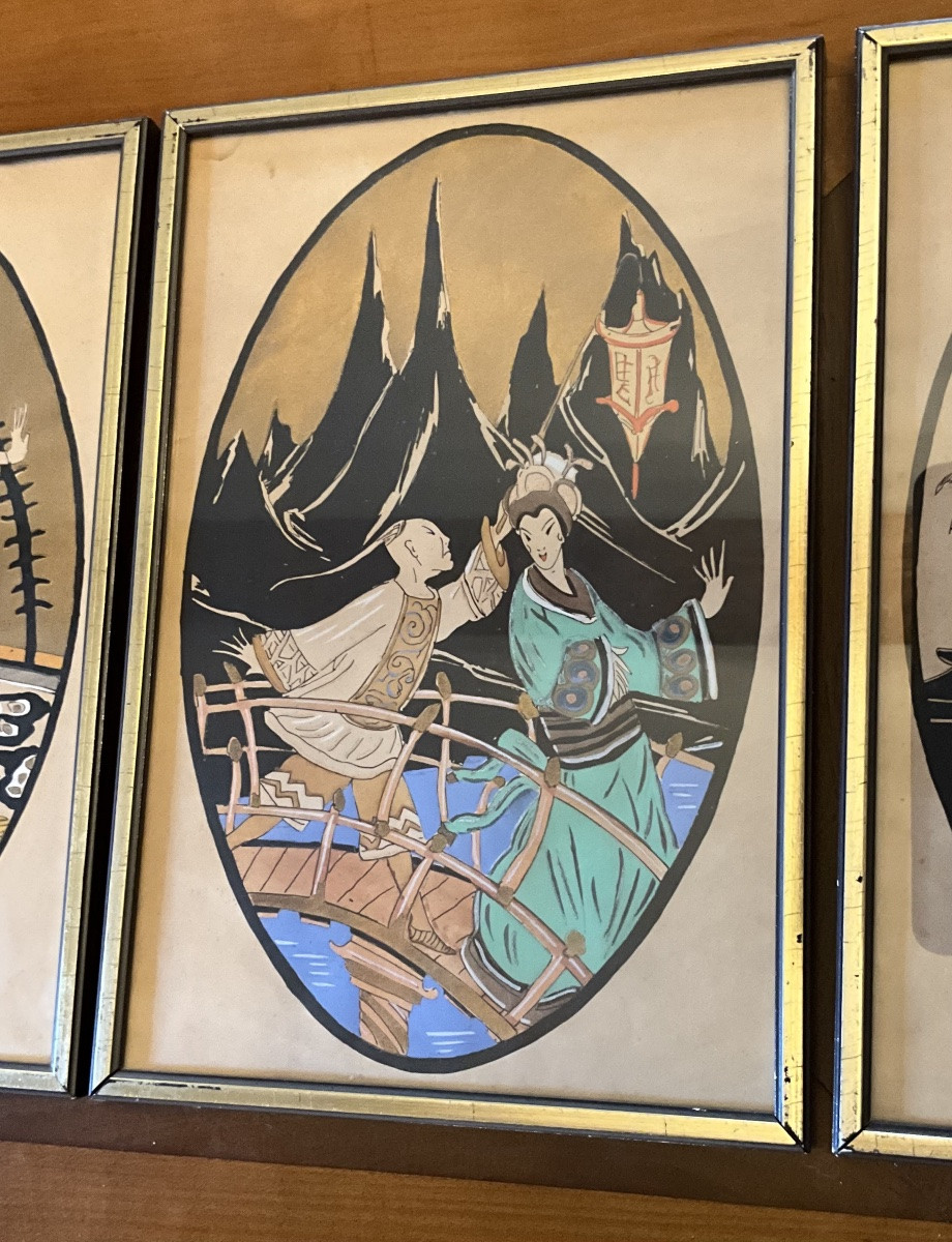 E. Borne, Series Of 4 Art Deco Period Stencils, Oriental Scenes (china, Japan)-photo-4