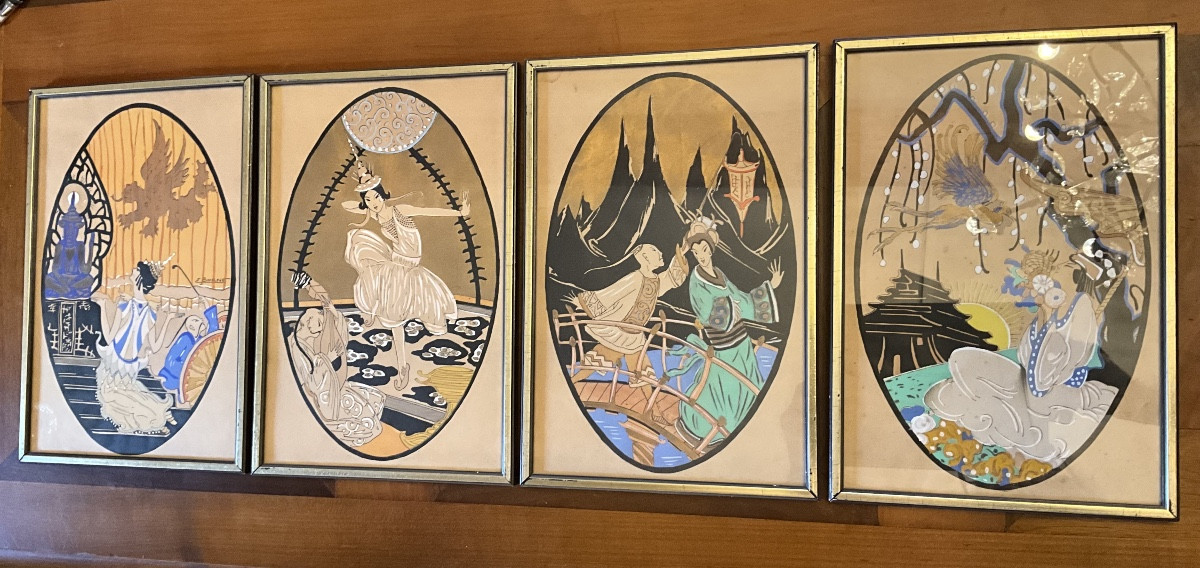 E. Borne, Series Of 4 Art Deco Period Stencils, Oriental Scenes (china, Japan)