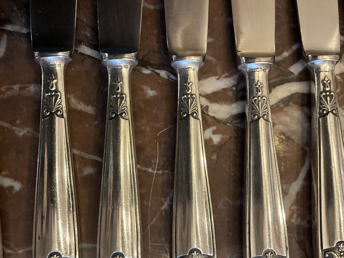 11 couteaux à dessert . Manches en argent fourré ,  800/1000 .  Italie .  Orfèvres Clementi -photo-4