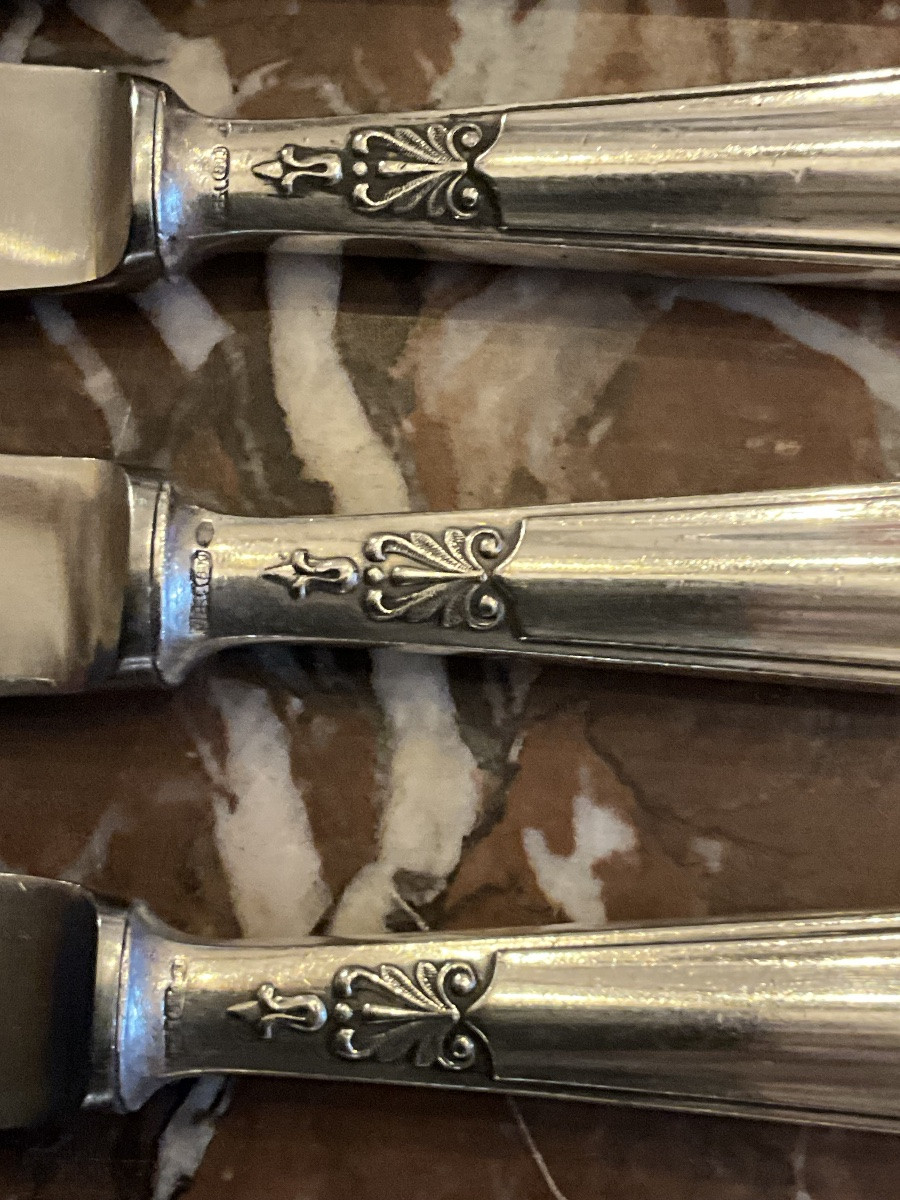 11 couteaux à dessert . Manches en argent fourré ,  800/1000 .  Italie .  Orfèvres Clementi -photo-2