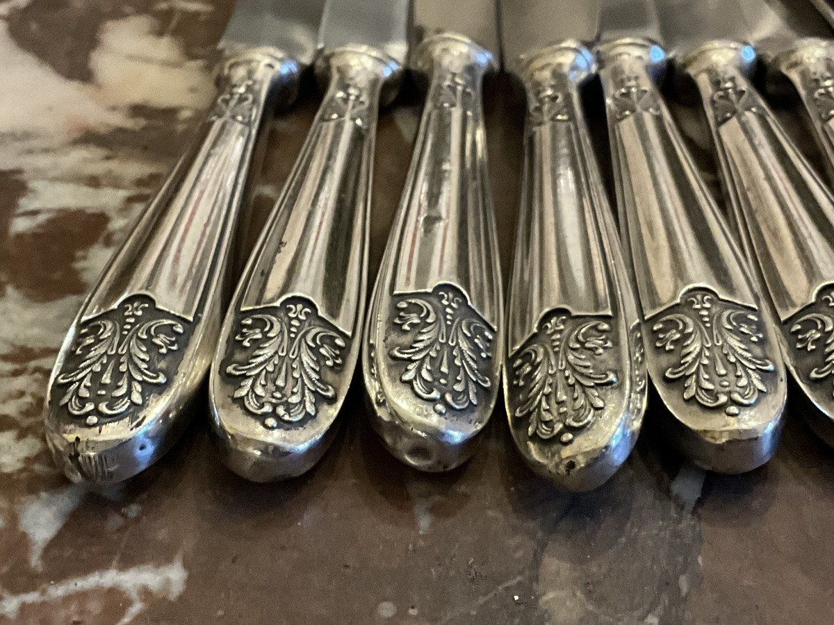 11 couteaux à dessert . Manches en argent fourré ,  800/1000 .  Italie .  Orfèvres Clementi -photo-3