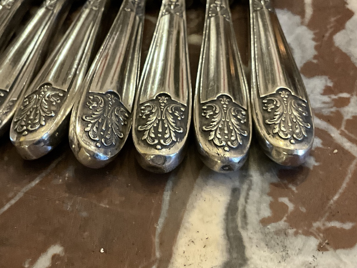 11 couteaux à dessert . Manches en argent fourré ,  800/1000 .  Italie .  Orfèvres Clementi -photo-4