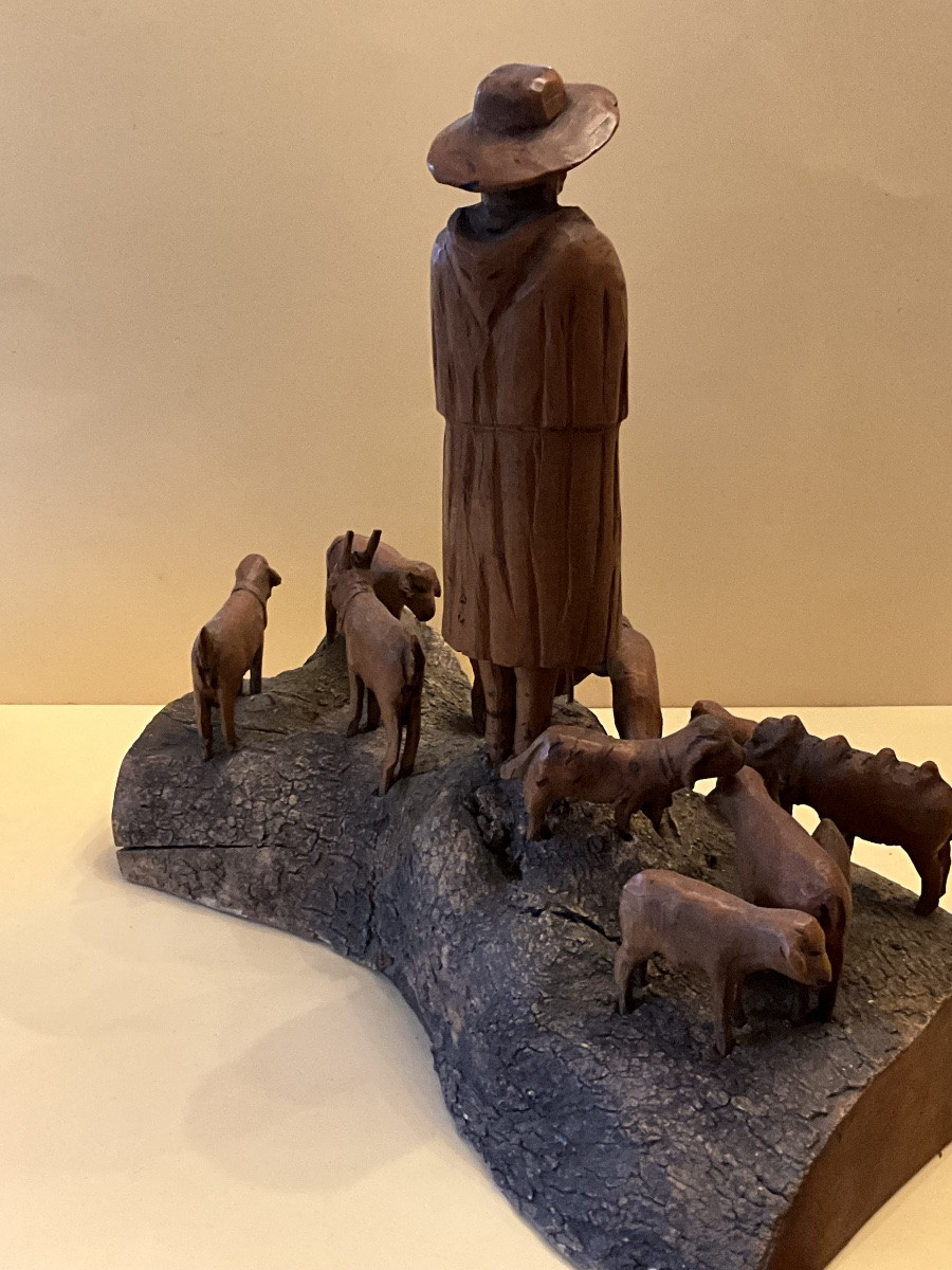 Provençal Boxwood Sculpture, A Shepherd And His Flock, 19th Century.-photo-4