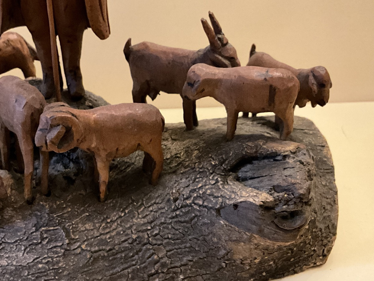 Provençal Boxwood Sculpture, A Shepherd And His Flock, 19th Century.-photo-3