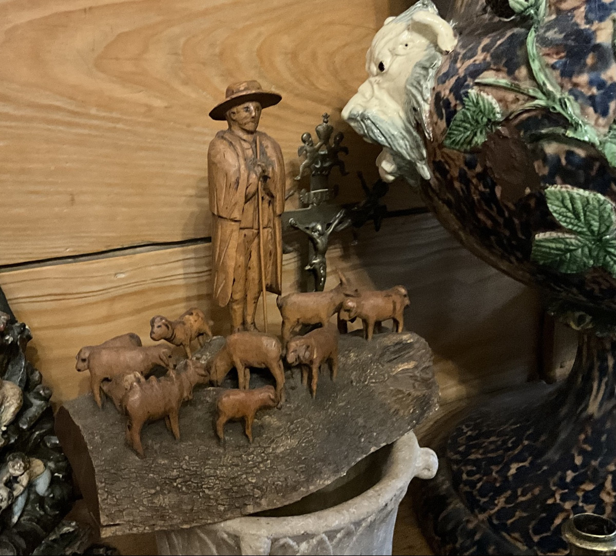 Provençal Boxwood Sculpture, A Shepherd And His Flock, 19th Century.